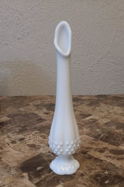 Vintage Fenton Art Glass swung glass bud vase Hobnail milk glass footed 10.5in