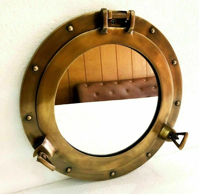 12" Latón Antiguo Acabado Portilla Espejo Náutico Marítimo Pared Décor Ventana