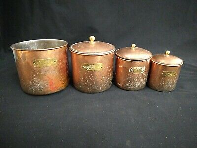 Copper Canisters Set of 4 w/ Brass Label Plates & Knobs; Kitchen 1 with no lid