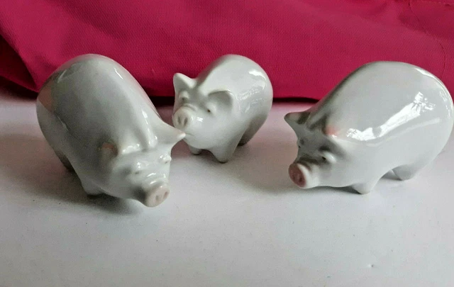 Small White Pig Family Handpainted Porcelain Figurines By Zsolnay