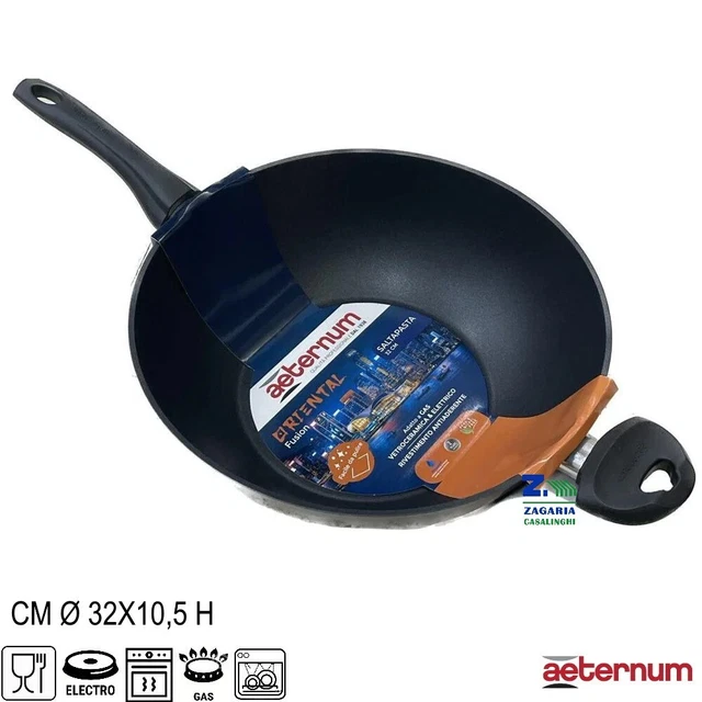 Padella in Ferro Spazzolato con Manico Rosso, per Spaghetti e Wok, Rotonda, Antiaderente Naturale, Manico Ergonomico, Uso Professionale 32 cm