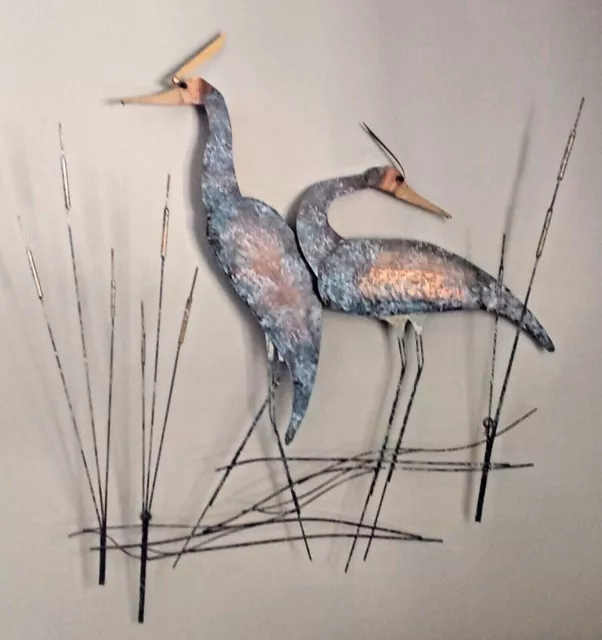 Curtis Jere Blue Herons Cattail Brass Copper Wall Sculpture Mid Century Modern