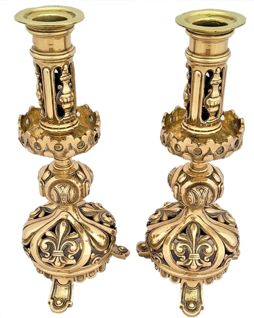 Pair antique French brass Gothic Revival candlesticks Fleur de Lys 23 cm ca 1860