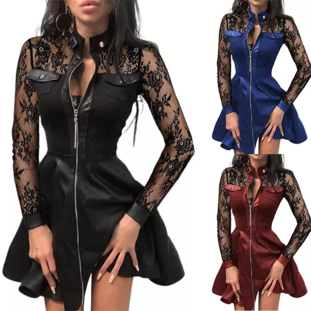 Robe courte gothique punk PU en cuir avec manches en dentelle pour bo?te de nui