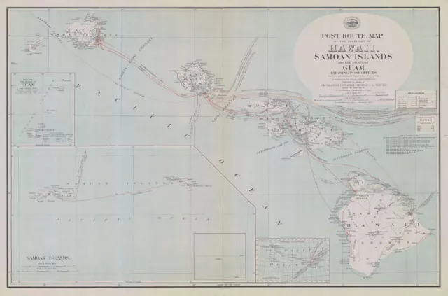 1908 Map of Hawaii Samoan Islands and Island of Guam