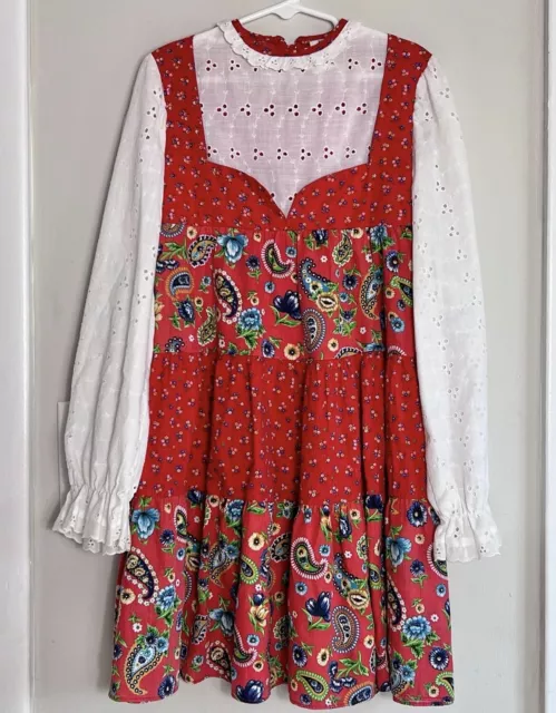 Vintage 70s Kim Originals Boho Style Paisley Floral Dress Girls 10