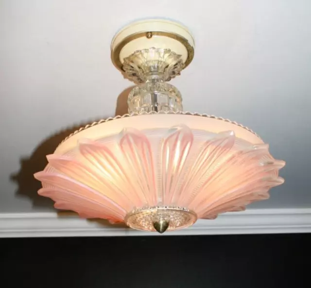 Antique 40s pink glass 14" sunflower shade semi flush ceiling light fixture