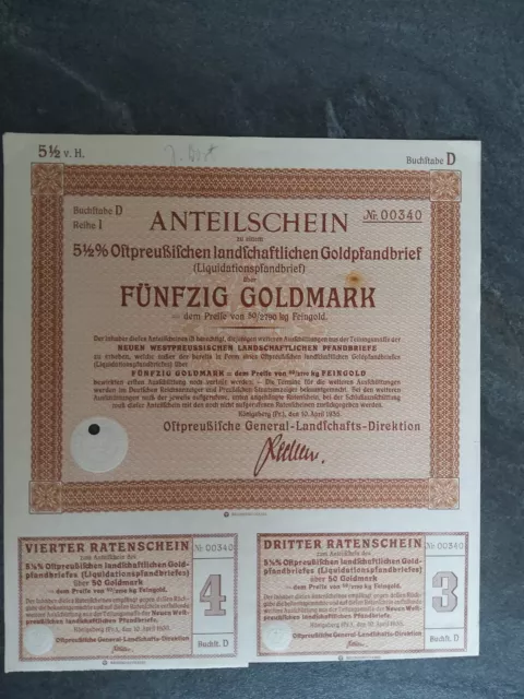 Anteilschein, 5,5 % ostpreussischen landwirtschaftlichen goldpfandbrief  50 gm