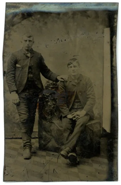 CIRCA 1860'S 1/6 Plate 2.13X3.25 in TINTYPE Two Handsome Young Men Posing Suits