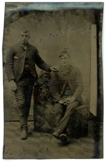 CIRCA 1860'S 1/6 Plate 2.13X3.25 in TINTYPE Two Handsome Young Men Posing Suits