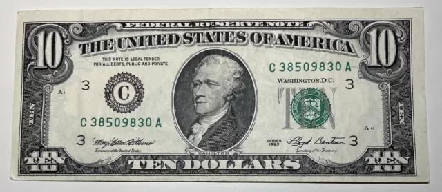 1993 $10 Ten Dollar Bill Federal Reserve Note  Philadelphia Vintage Currency