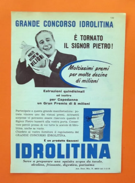 C585-ADVERTISING PUBBLICITÀ-1959 - IDROLITINA ACQUA DA TAVOLA GRANDE  CONCORSO EUR 2,50 - PicClick IT