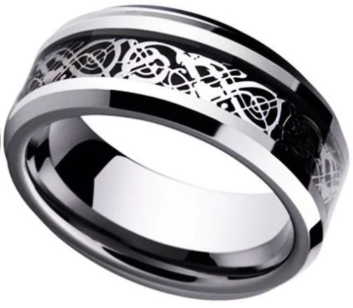 Celtic Dragon Black & Silver Scroll Ring Size 12 Solid 8mm Steel Band USA SELLER