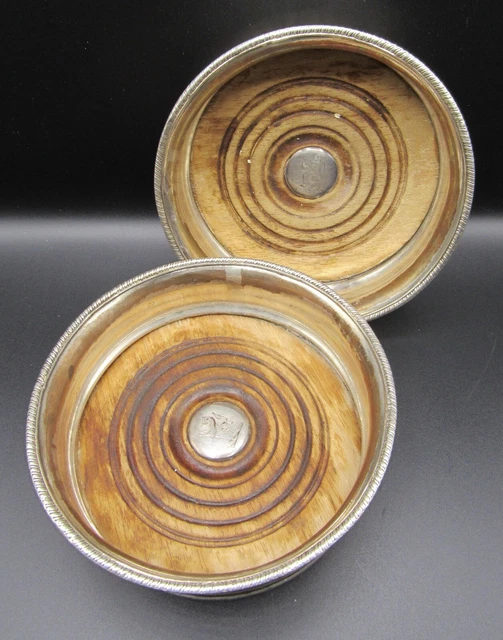 Pair antique Georgian wine/champagne bottle coasters silverplate/wood crested