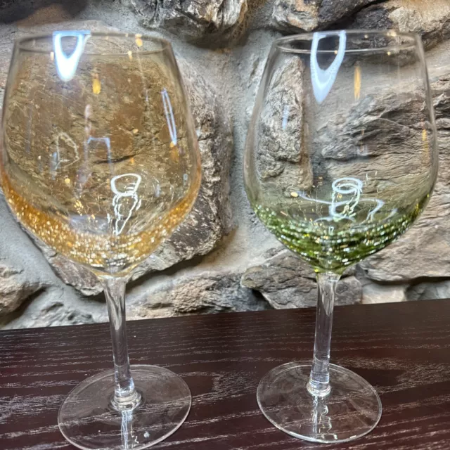 Set of Two (2) Pier 1 Crackle Balloon Wine Glasses Amber & Olive Green