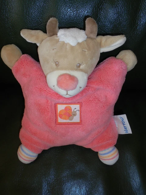 Doudou Peluche Grelot Semi-Plat Vache Nattou Beige Rose Escargot
