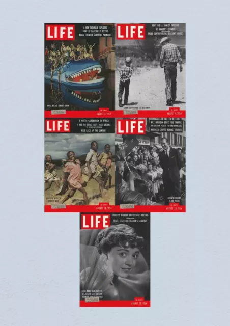 Life Magazine Lot of 5 Full Month August 1954 2, 9, 16, 23, 30 Civil Rights Era