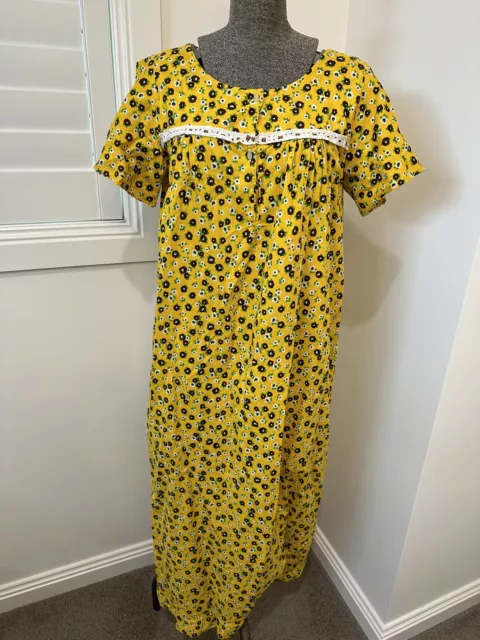 Vintage 60s 70s Yellow Brown Floral House Dress Muumuu 12 14 M L Boho Prairie