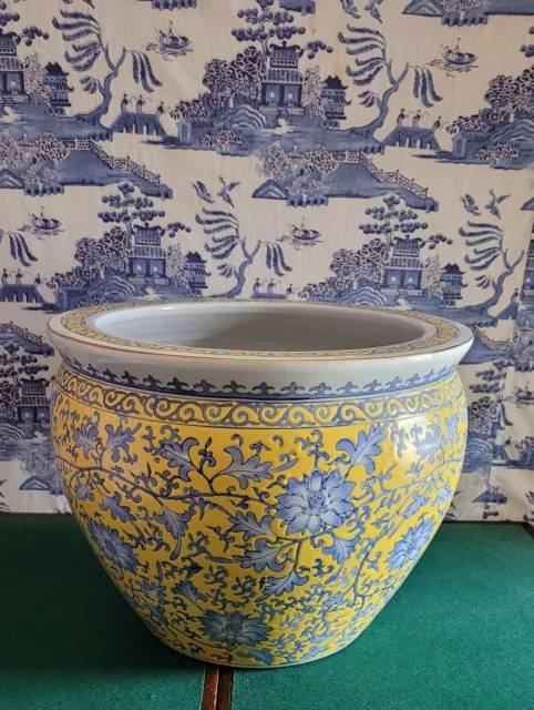 Gorgeous large antique Chinese famille jaune porcelain fish bowl