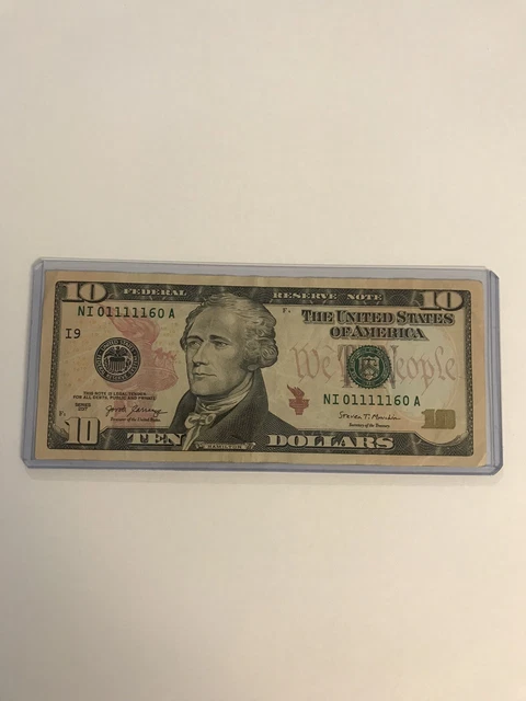$10 Ten Dollar Bill US Currency NI 01111160 A Low Series 2017