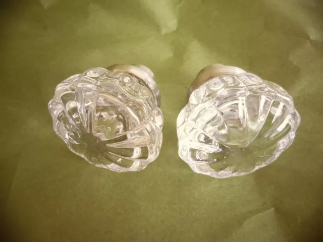 2 Crystal Glass & Brushed Nickel Door Knobs Antique Style 2" Diameter Round