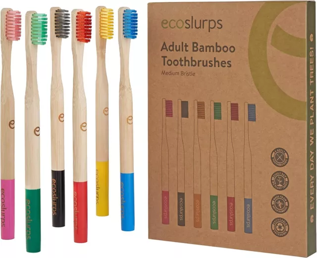 EcoSlurps 6 Bambus Zahnbürsten Erwachsene Multipack - mittlere Familie Zahnbürste Pack