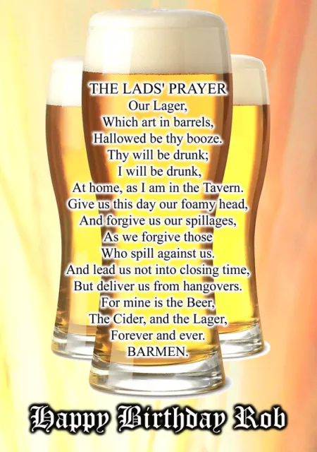 Lads Prayer LAGER BEER PERSONALISED Happy Birthday Xmas Stag Night Greeting Card