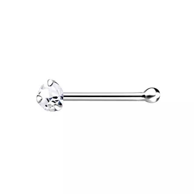 925 Sterling Silver short Nose Stud Bone 2mm Claw Set CZ ball end push in Pin