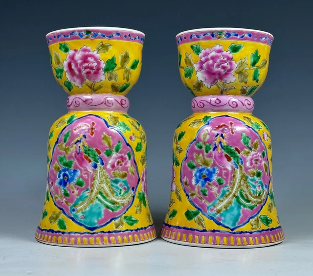 VINTAGE CHINESE PORCELAIN Straits Nyonya Peranakan Candlesticks Vases