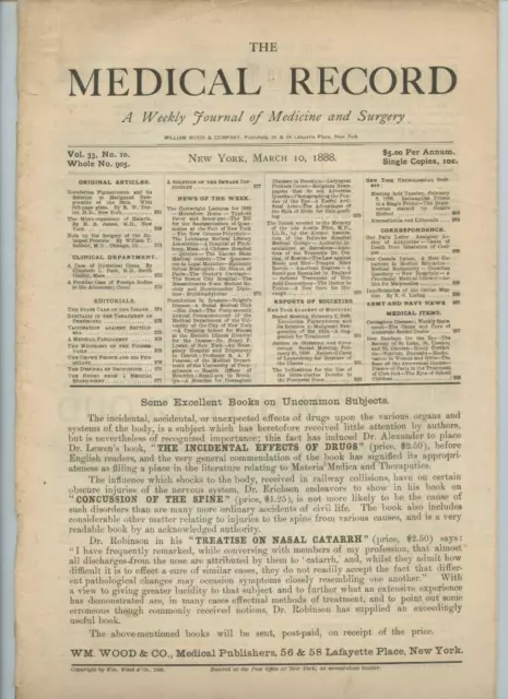 3/10 1888 New York Medical Record Journal Medicine Surgery Doctor Trade Magazine
