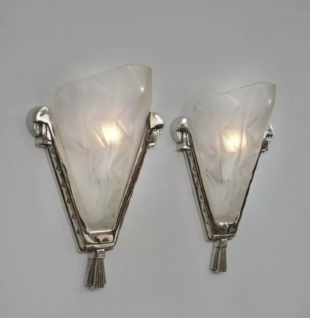 LARGE PAIR OF 1930 FRENCH ART DECO WALL SCONCES BY DEGUÉ ..... lights muller era