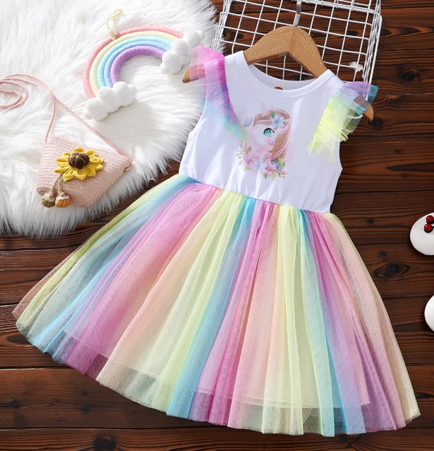 Abito swing arcobaleno corsa senza maniche stampa unicorno arcobaleno abiti da festa estivi