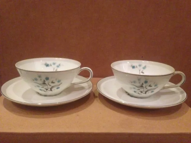 Meito China Set of 2 cups & 2 saucers turquoise flowers gray bands platinum rim