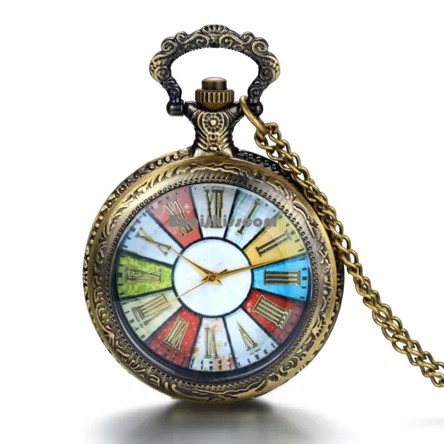 Retro Bronze Tone Wheel Rome Steampunk Quartz Pocket Watch Pendant Necklace