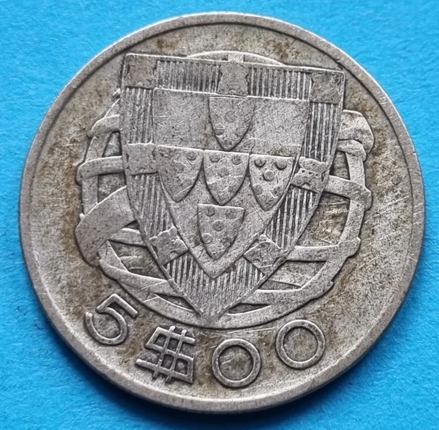 Coin Moneta Portugal Republica Portuguesa Portogallo 5 Escudos 1937 Silver