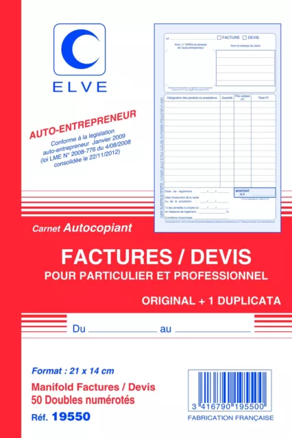 [Ref:19550-2] ELVE Lot de 2 Manifolds AUTO-ENTREPRENEUR Facture/Devis 21 x 14