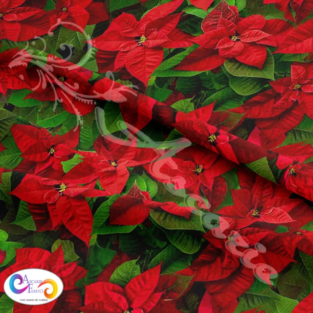 Poinsettia Christmas Digital Printed 100% Cotton Fabric Craft Patchwork 54"