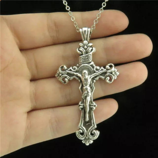 large JESUS CRUCIFIX CROSS pendant 20" Sterling Silver 925 necklace chain men