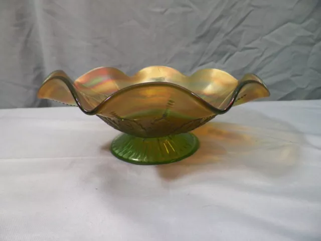 Northwood Green Carnival Glass Leaf And Beads Pattern Bowl