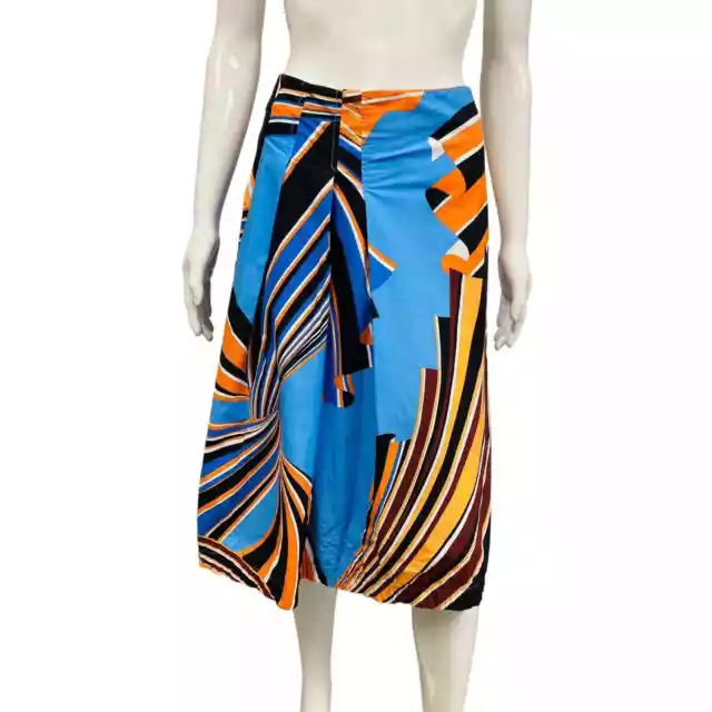 EMILIO PUCCI Blue Orange Cotton Abstract Printed Pleated Knee Length Skirt US 4