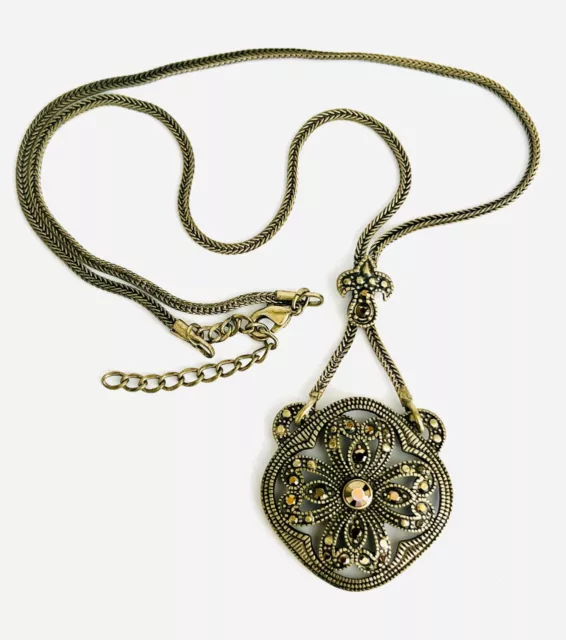 Vintage Art Nouveau Fleur-de-lis Bronze Ornate French Statement Pendant Necklace