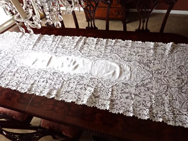 Antique Italian Needle Lace Point De Venise Large Table Runner 97" X 31" Birds 2