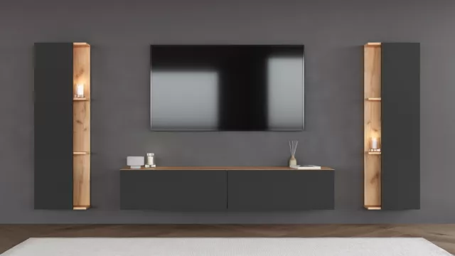 Wohnwand aus Sideboard & 2 Seitenschränken Wohnzimmer TV-Board Wohnzimmerschrank 3