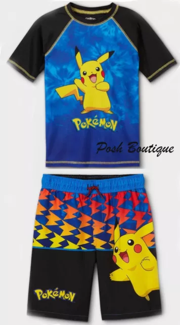 Sz 4-14 Boys Pokemon Swim Trunks Shorts Swimsuit Rash Guard Shirt Set Pikachu