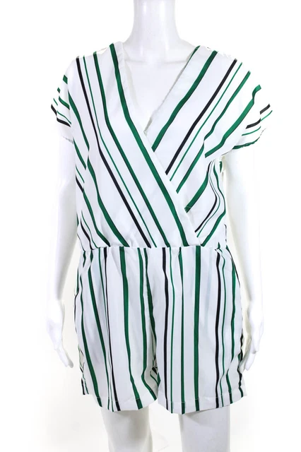 Elle Lauri Womens Crepe Striped V-Neck Kala Romper White Size L