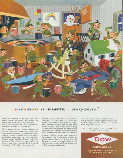 1951 Dow Chemical Paint Santa Toy Shop Elves Painting Christmas Print Ad SP5