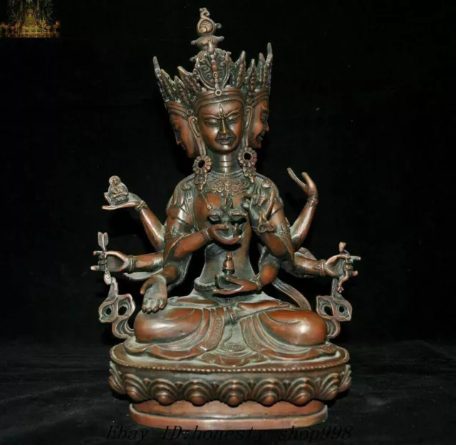 12.8" Tibet Temple Bronze 3 head 8 arms Ushnishavijaya & Namgyalma Buddha Statue