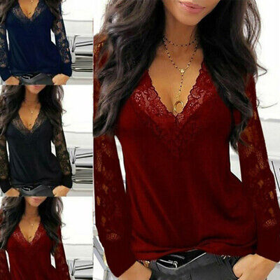 V-neck Blouse Lace Long Sleeve Pullover T-shirt Tops Womens Tops Ladies Casual