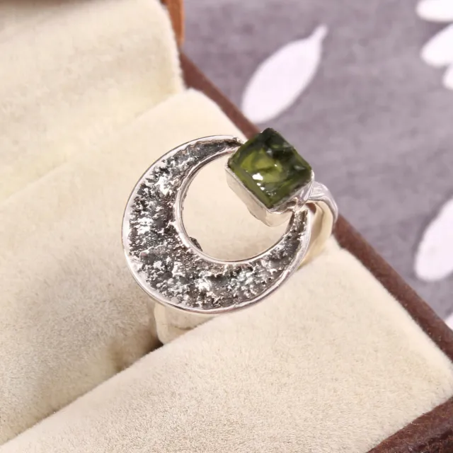 Natural Moldavite Rough Ring Raw Moldavite Ring Meteorite Ring 925 Silver Ring