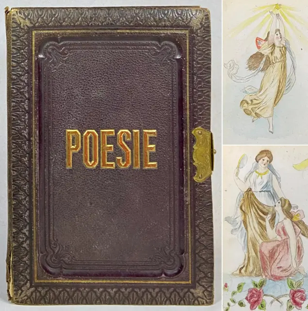 Antique HANDWRITTEN MANUSCRIPT German Poetry Book FOLK ART ALBUM Angel Drawings